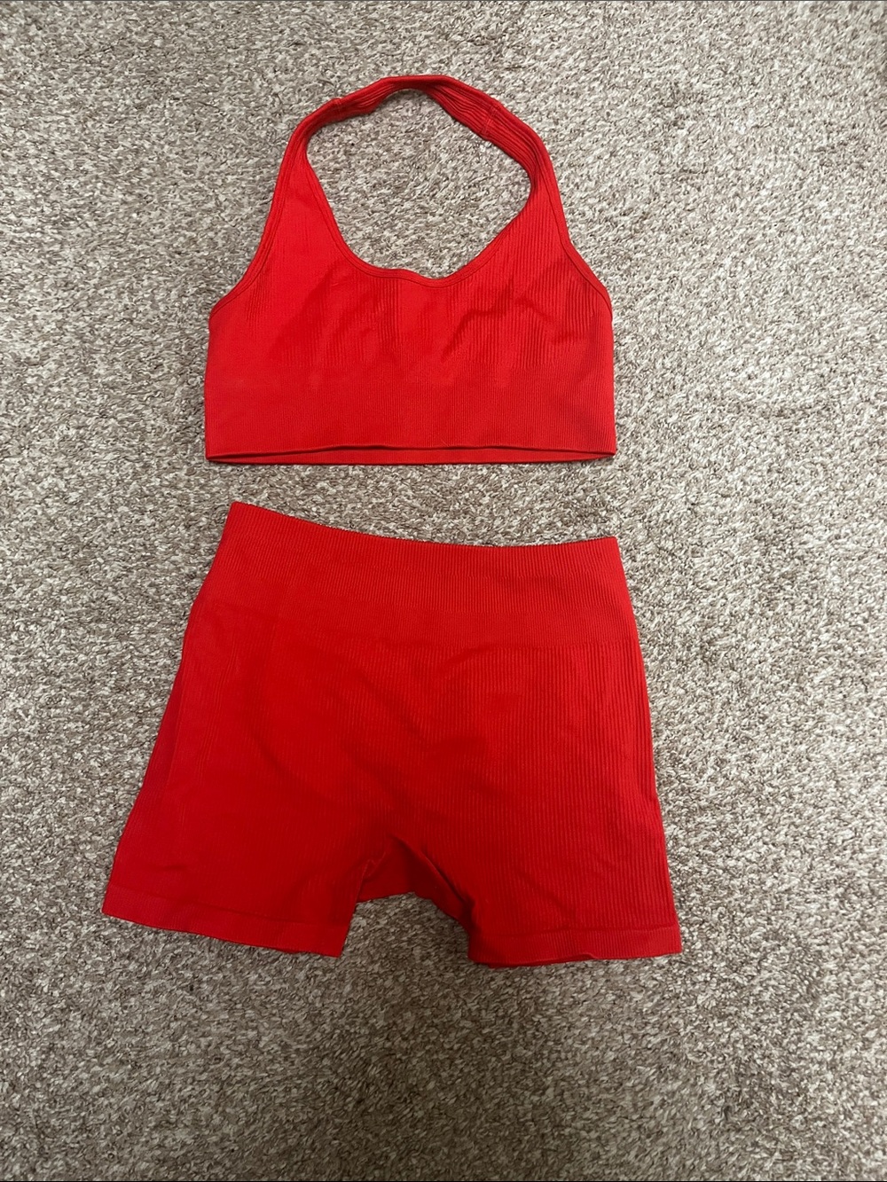 Ribbed Halter Sports Bralette and High-Rise Shorts — Red